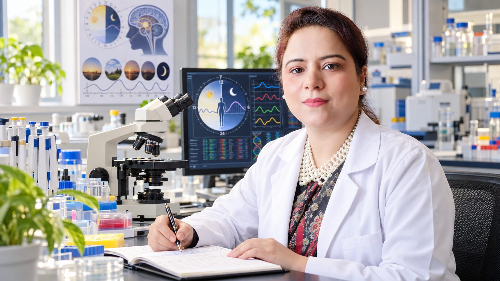 Prof. (Dr.) Ghizal Fatima at her desk in the lab