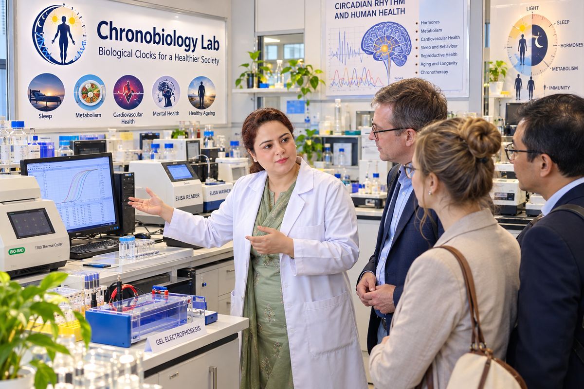 Dr. Ghizal Fatima guiding visitors through the lab